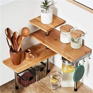 3 Tier Corner Shelf Bamboo & Metal Storage Spice Rack-Desk Bookshelf Display
